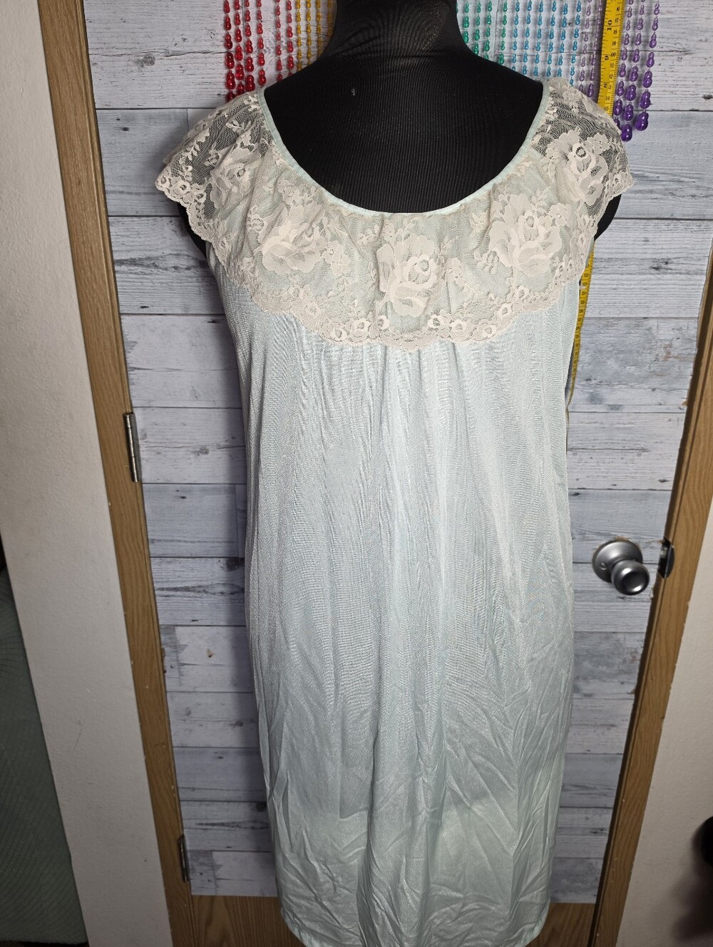 Vtg 60s 70s Lace Trim Green Lingerie Peignoir Slip Dress Retro Boudoir Hollywood